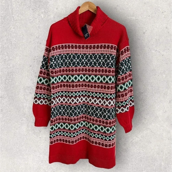 crown & ivy Dresses & Skirts - NWT Crown & Ivy Womens Large Red Fair Isle Turtleneck Sweater Dress Holiday New